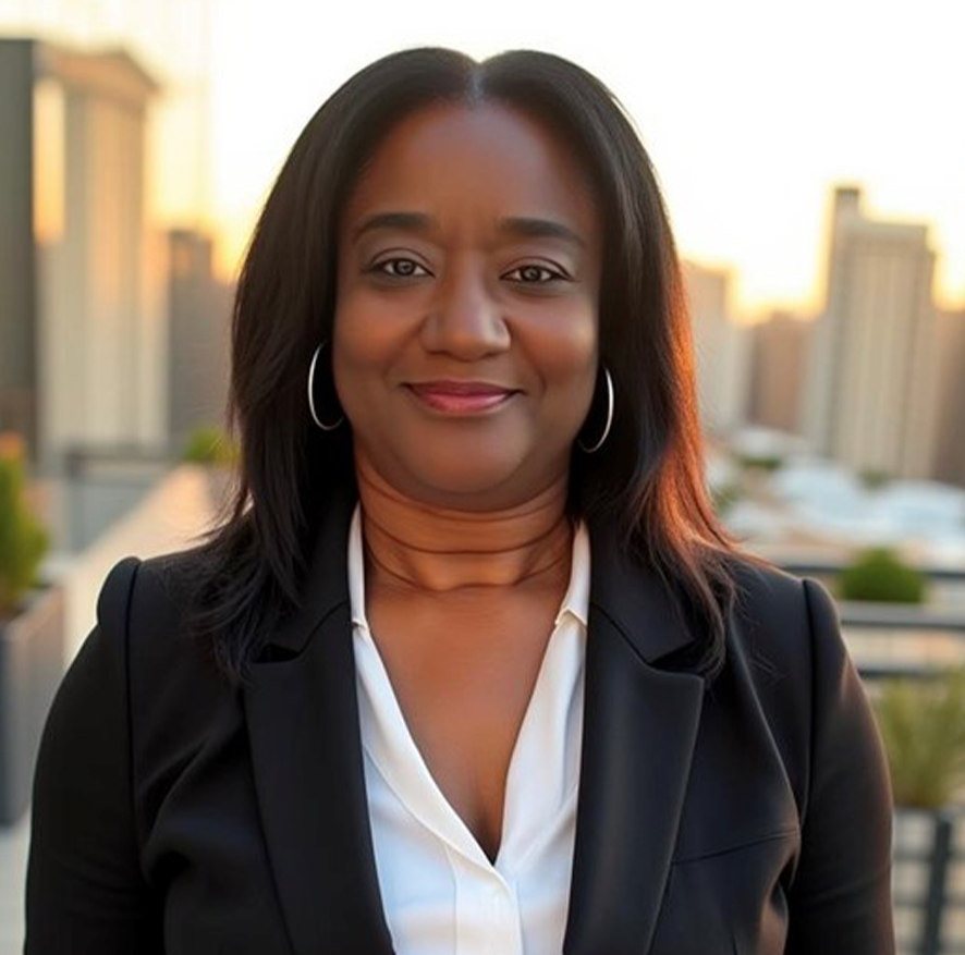 A woman with medium-length black hair and hoop earrings, wearing a black blazer over a white blouse, standing outdoors in front of a city skyline at sunset.