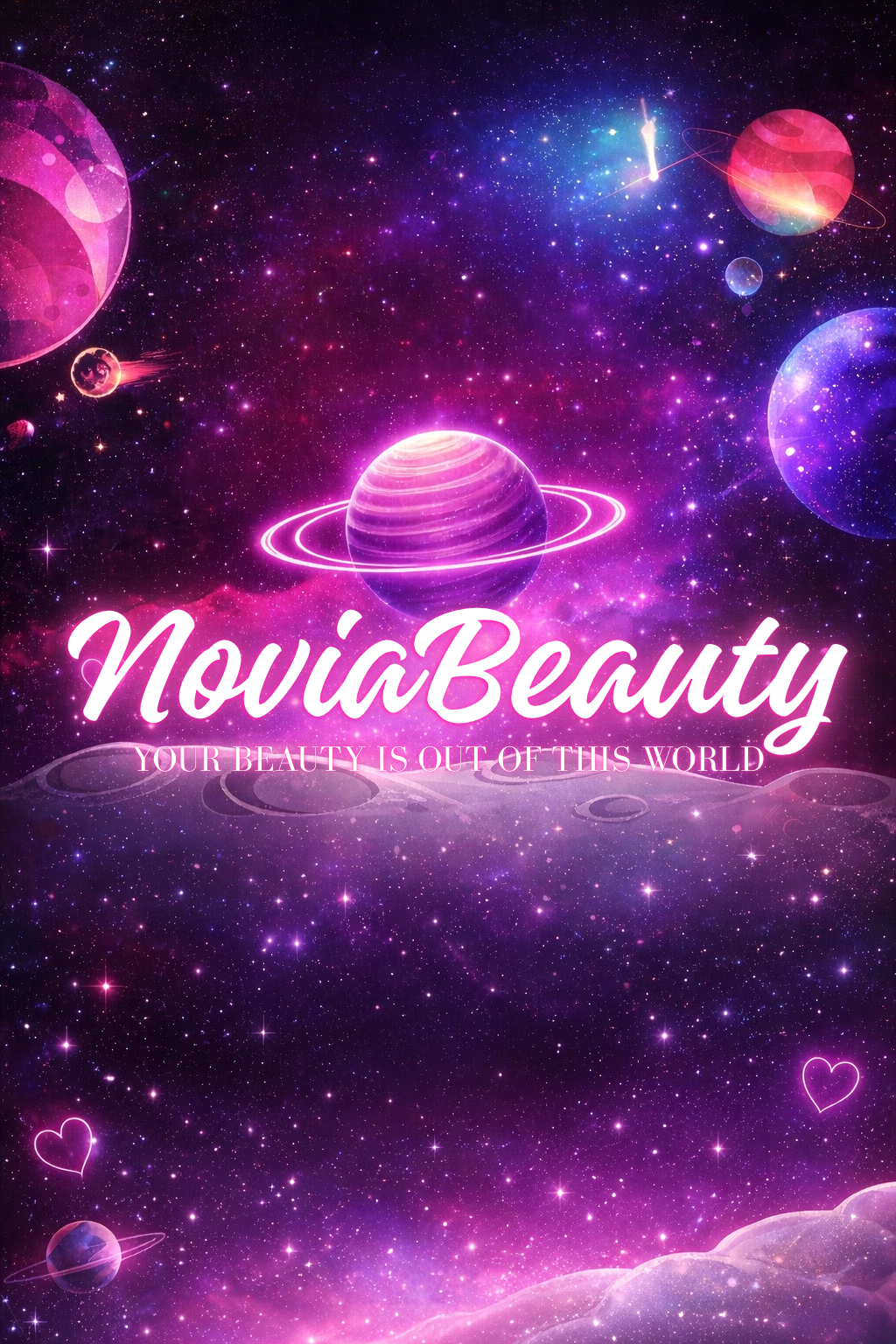 A cosmic-themed background with planets, stars, and nebulae in pink, purple, and blue hues. The text 'Noviabeauty' is prominently displayed in white, cursive font, with the tagline 'Your beauty is out of this world' in smaller, pink capital letters underneath.