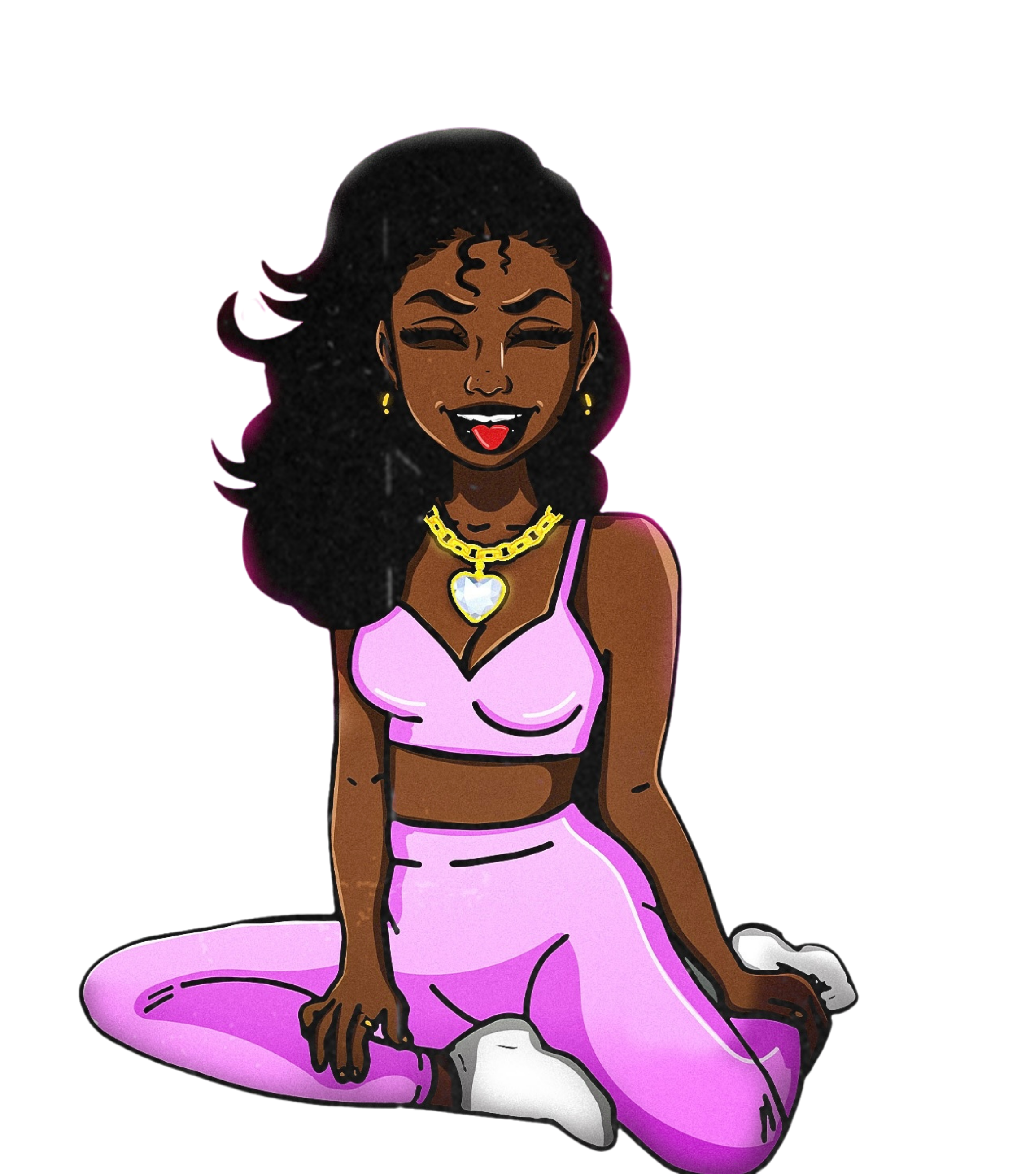 A joyful woman with dark skin, curly black hair, and gold earrings, wearing a pink crop top and matching pants, sitting cross-legged, smiling with her eyes closed.