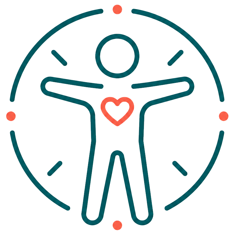 Illustration of a human figure with outstretched arms and a heart symbol on the chest, surrounded by a clock face, representing health and wellness.