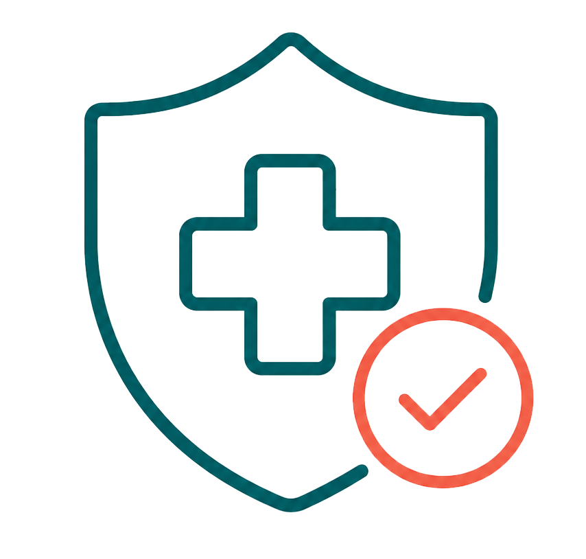 A shield with a medical cross symbol and a checkmark indicating healthcare or protection.