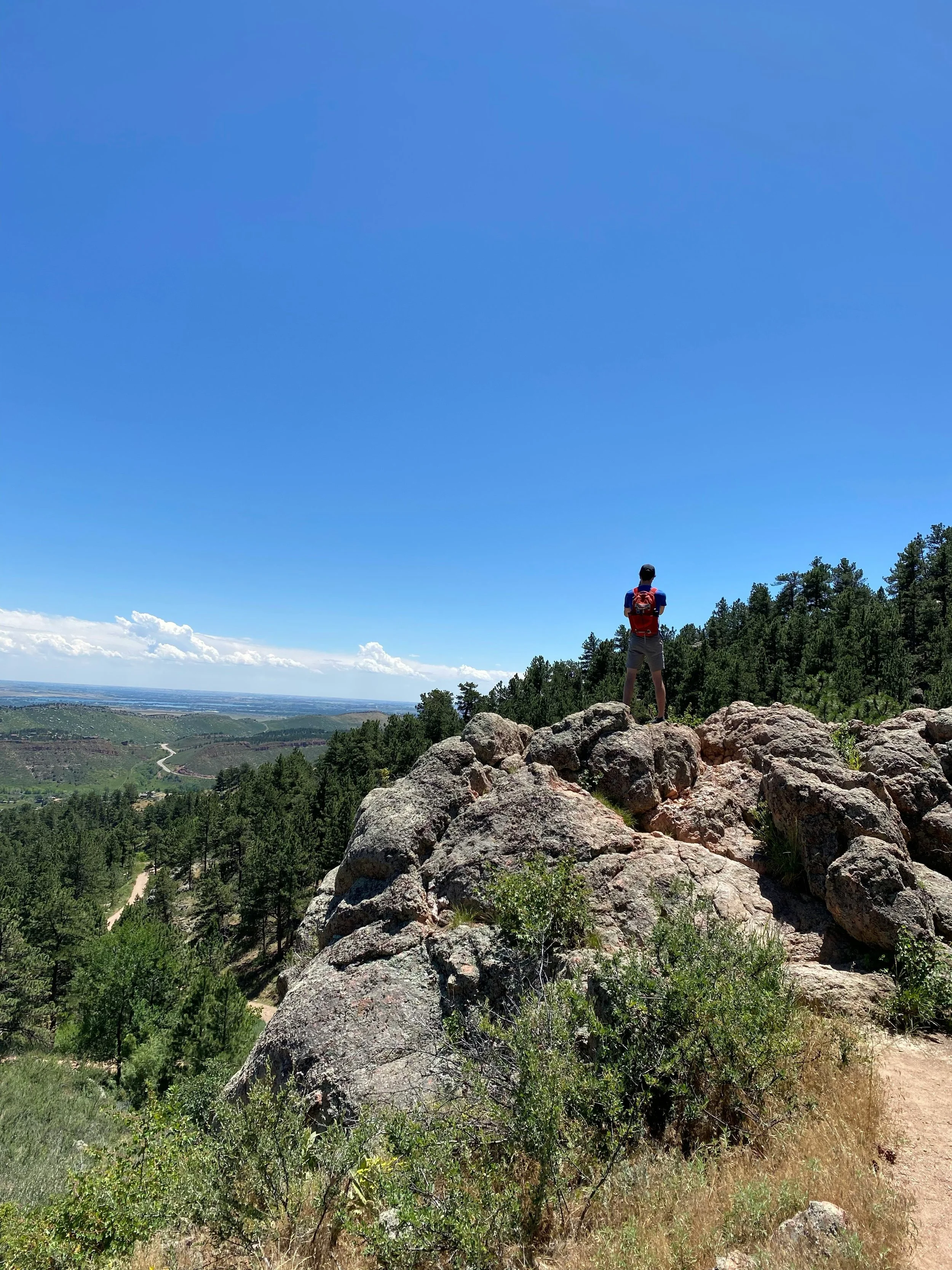 A person with a red backpack standing on rocky terrain in a hilly, forested area, overlooking a distant landscape with fields and trees under a bright blue sky.