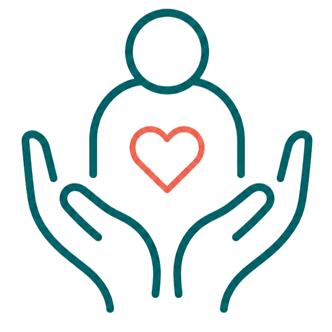 Outline of a person with a heart on their chest, held by two hands, representing care or support.