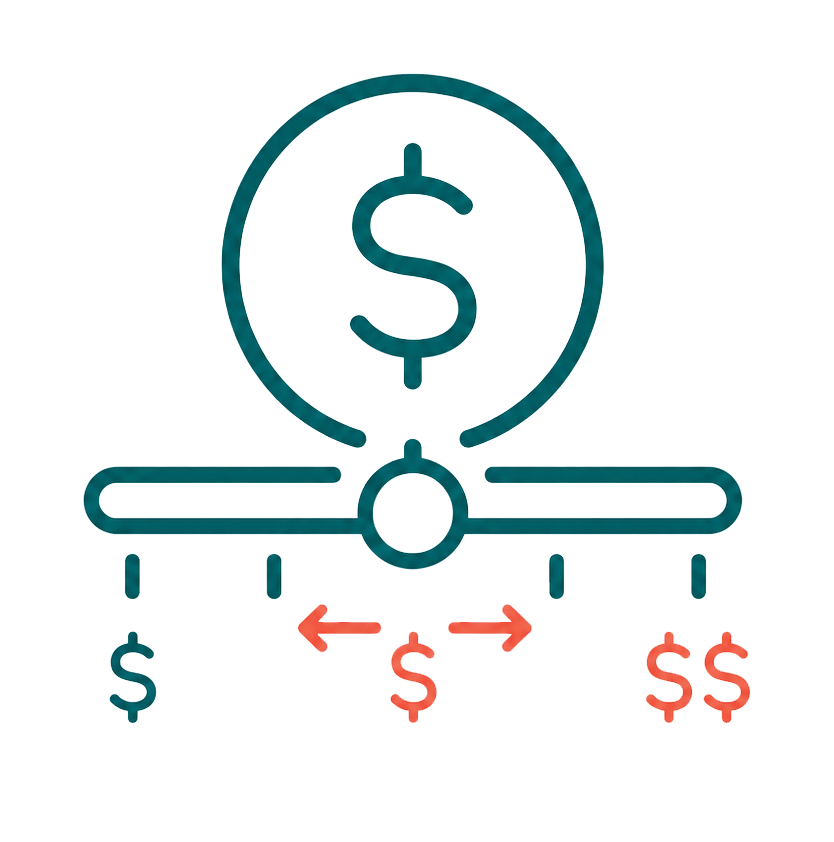 Illustration of a financial distribution process with a large dollar sign at the top and smaller dollar signs below, connected by a horizontal line and arrows indicating flow or transfer.