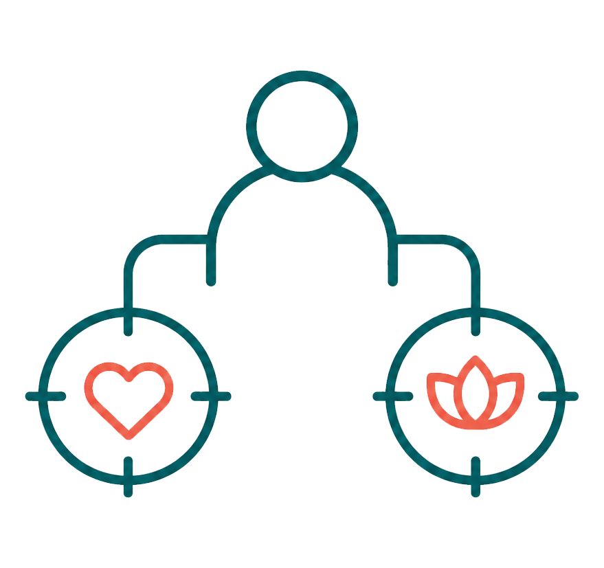Outline of a person with two circles showing a heart and a flower, connected with lines, representing health and wellness.