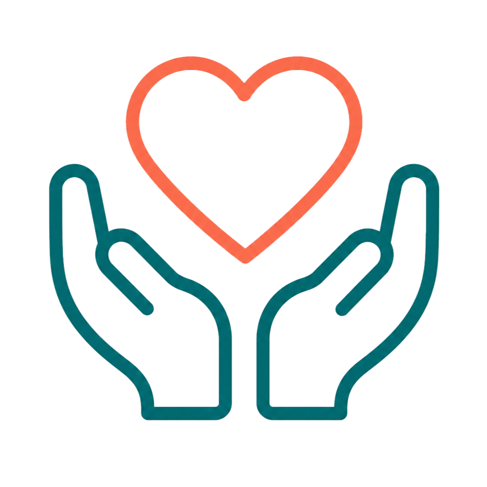 Two teal-colored hands cupping a red-outlined heart with a yellow stripe in the center.