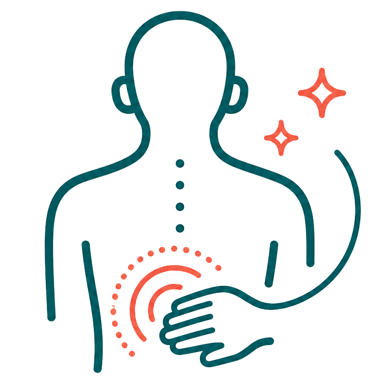 Illustration of a human torso with a focus on the digestive system, highlighting the stomach and intestines, with thumbs up and sparkles, symbolizing good digestion.