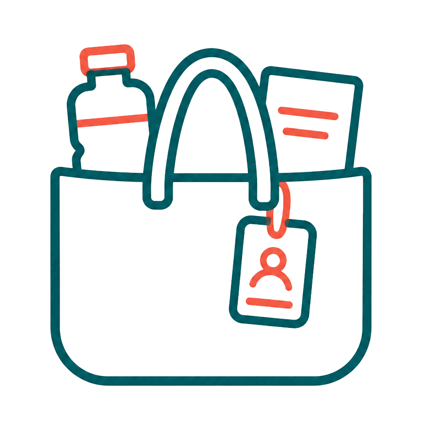 Illustration of a shopping bag with a water bottle, a credit card, and a user icon attached