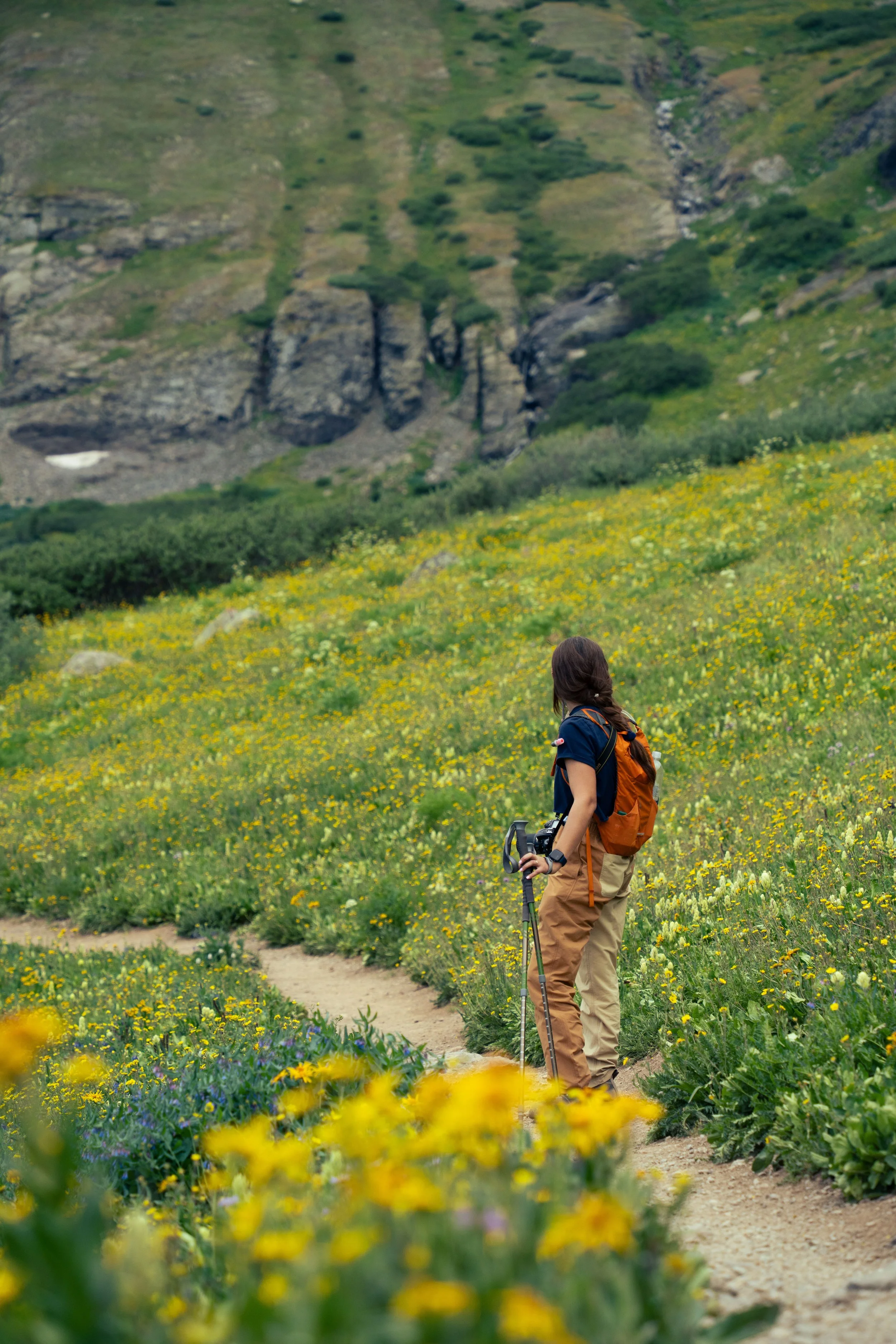 A hiker walking on a dirt trail through a yellow flower-filled meadow with green hills and rocky cliffs in the background.