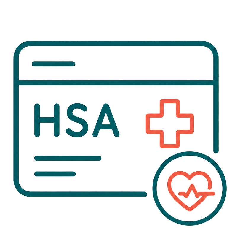 Digital illustration of an HSA health savings account card with a red medical cross and a heart with an electrocardiogram line.