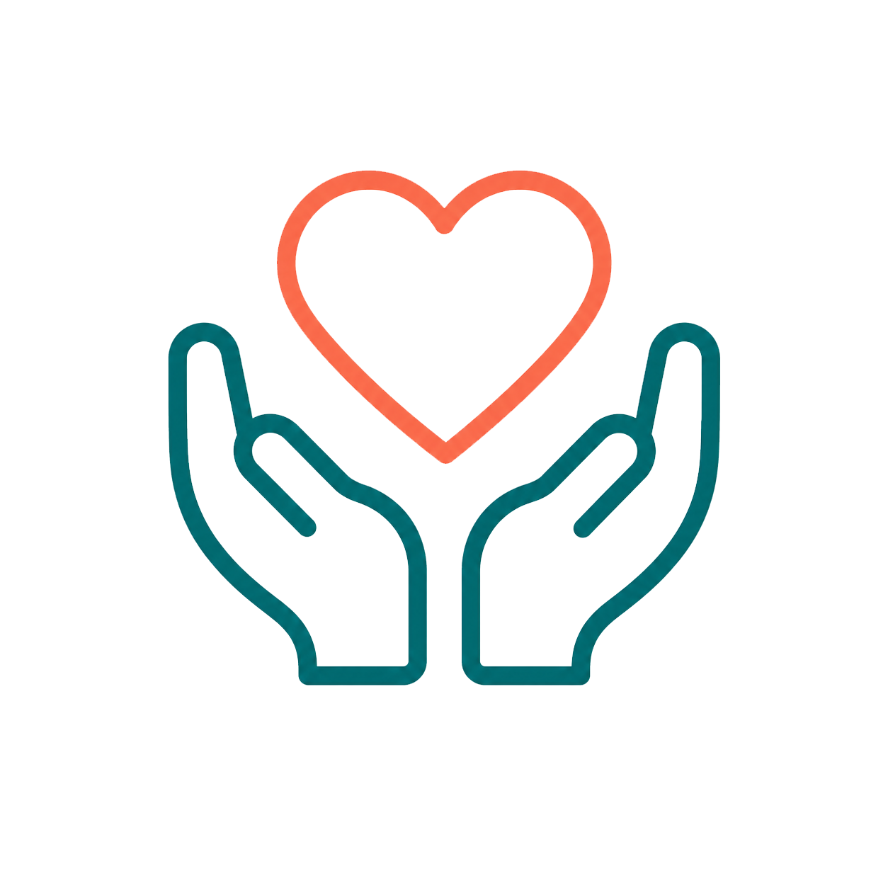 Illustration of two hands holding a pink heart with a red outline.