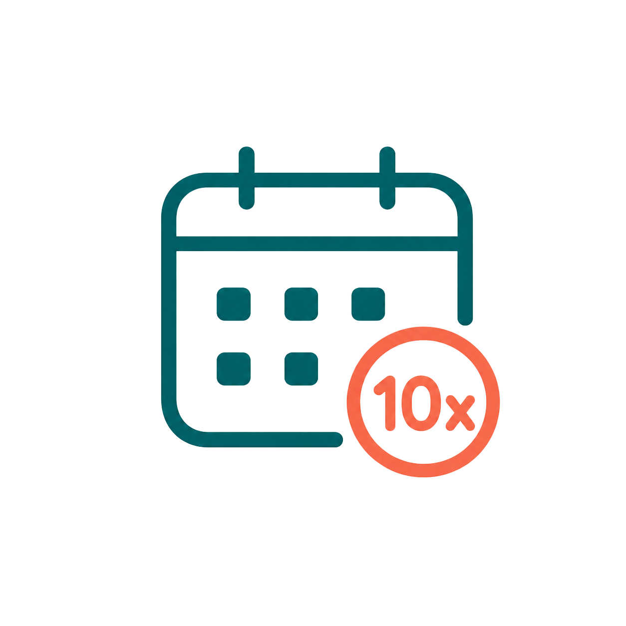 A calendar icon with a red circle indicating a tenfold increase or ten times, suggesting enhanced scheduling or productivity.