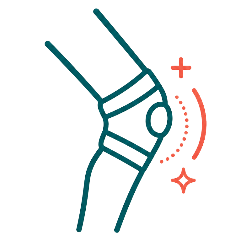 Outline of a bent knee with a red plus sign and spark icon beside it, indicating knee pain or injury.