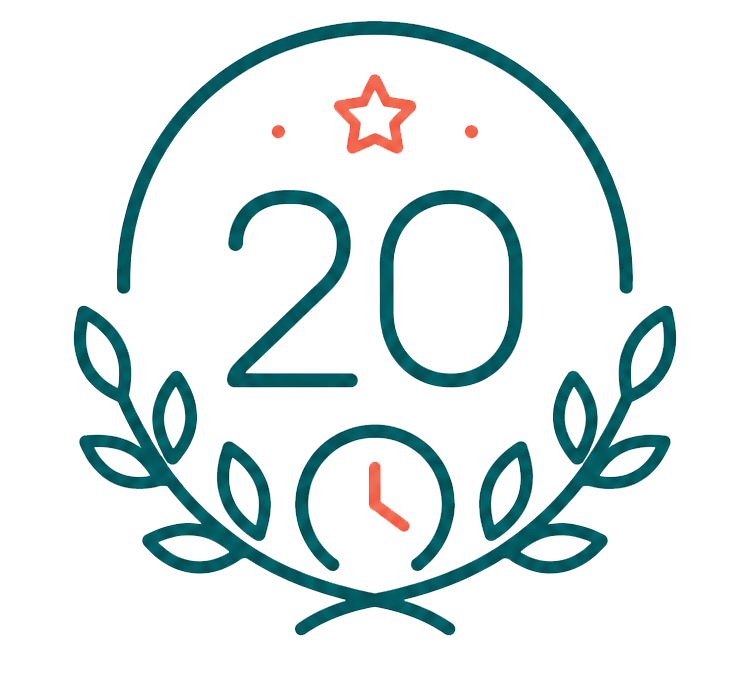 Decorative graphic featuring the number 20 enclosed by a laurel wreath with a star and a shield, symbolizing achievement or celebration.