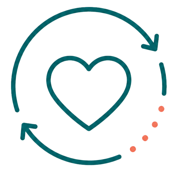 A teal circular arrow surrounds a teal heart outline with an arrow pointing to the right, symbolizing love or care cycling.