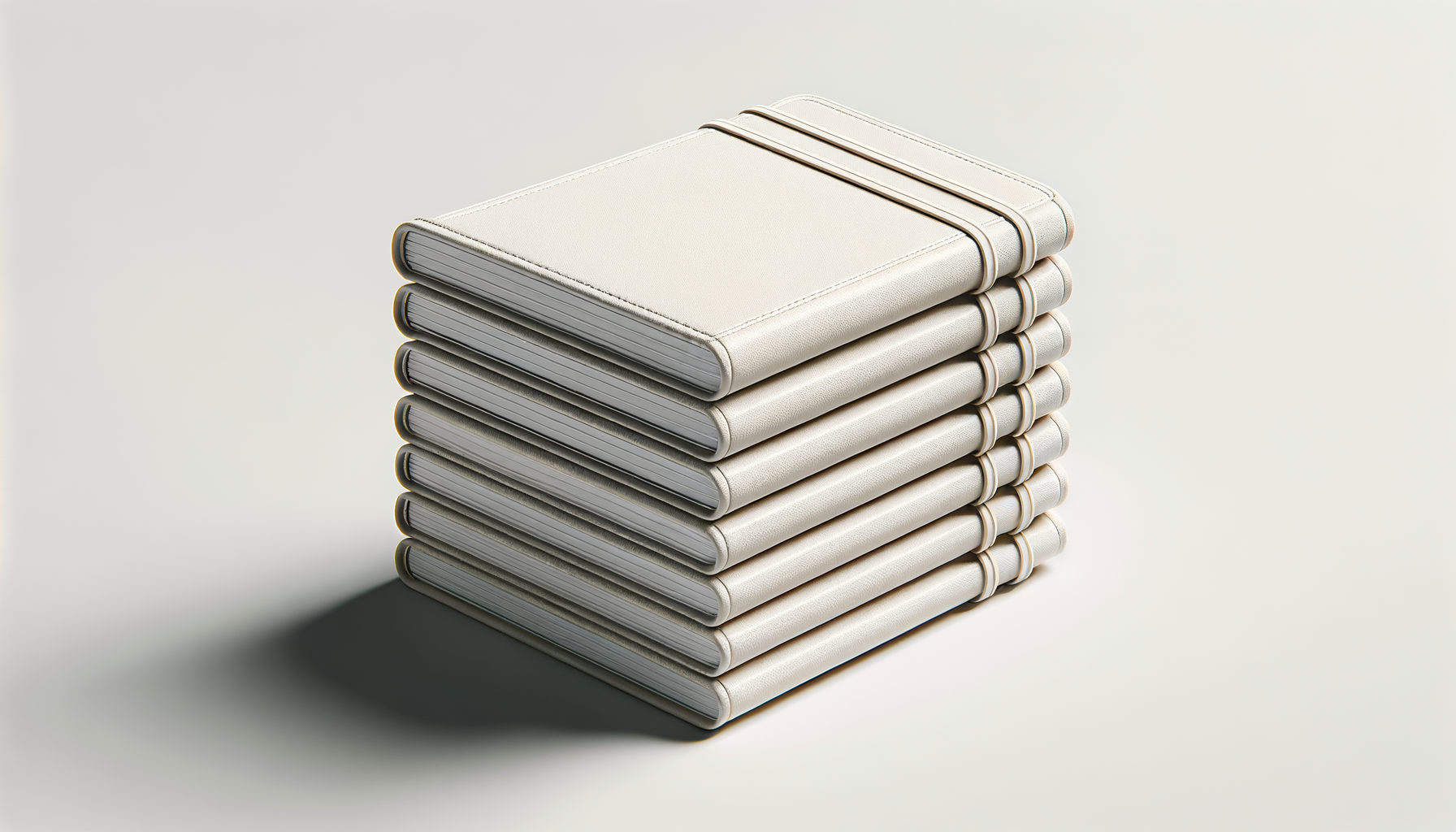 Stack of 10 white notebooks or journals with elastic bands on a light background.