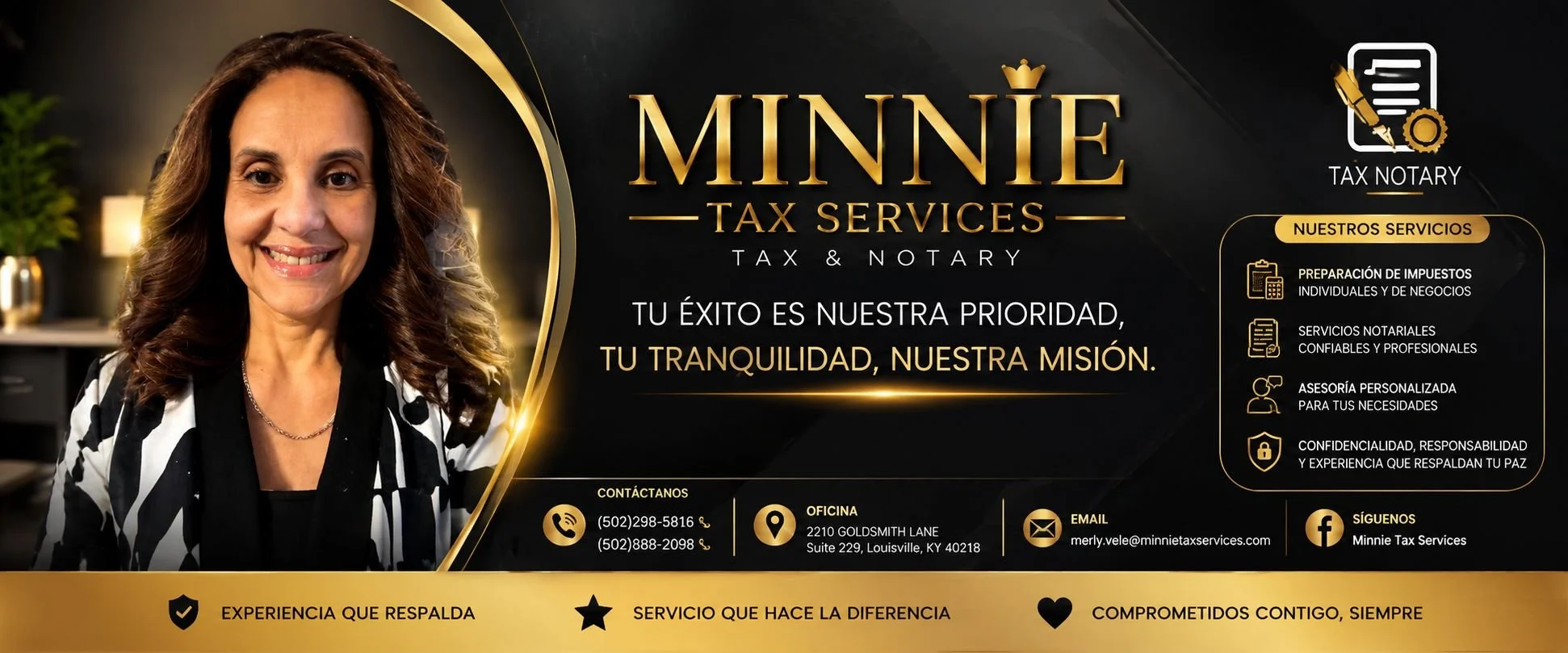 Business card for Minnie Tax Services featuring a woman with brown hair, gold and black color theme, contact details, and list of services related to tax and notary.