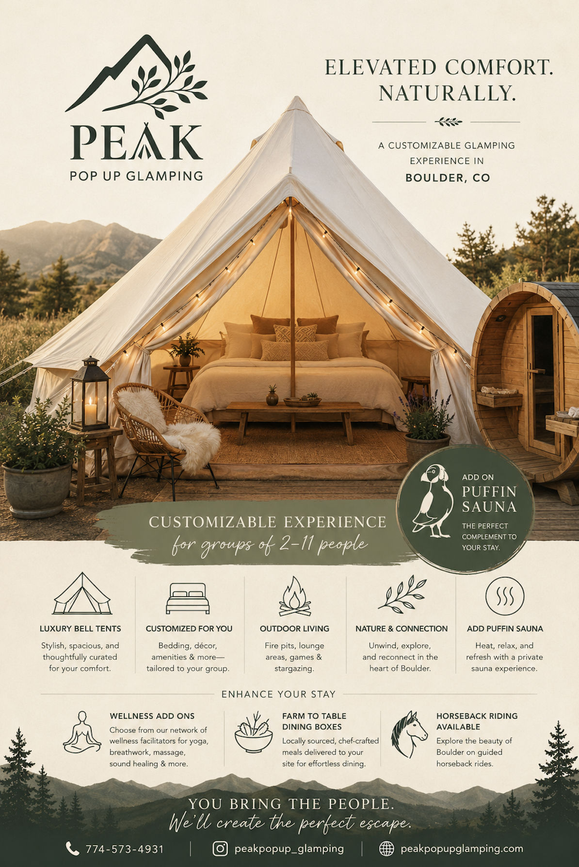 An advertisement for Peak Pop Up Glamping featuring a large beige bell tent illuminated inside, set in a mountain landscape with trees and mountains in the background. The ad highlights customizable glamping experiences in Boulder, CO, including luxury bell tents, outdoor living, nature connection, and a PUFFIN sauna add-on. It mentions experiences suitable for groups of 2-11 people, with amenities such as wellness add-ons, farm-to-table dining, and horseback riding. Contact information and social media icons are at the bottom.