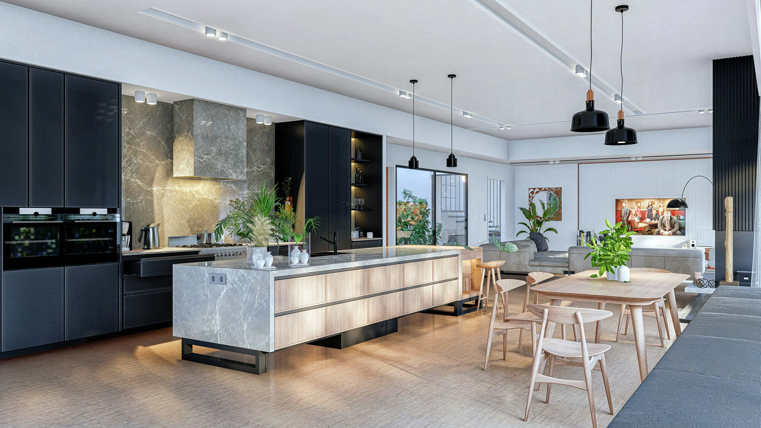Modern open-concept kitchen and living room with black cabinets, marble countertops, wooden dining table, gray sofas, and decorative plants.
