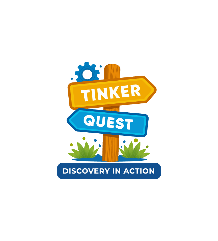 Colorful digital illustration of signposts labeled 'Tinker' and 'Quest' on a wooden post, with a background of green grass and a blue sky, and a banner at the bottom reading 'Discovery in Action'.