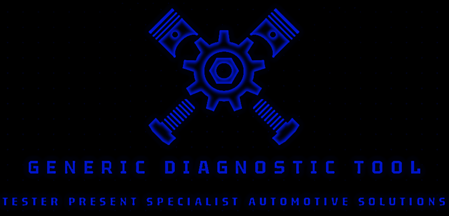 Logo featuring a gear with crossed pistons inside, with the text 'Generic Diagnostic Tool' and 'Tester Present Specialist Automotive Solutions' beneath.