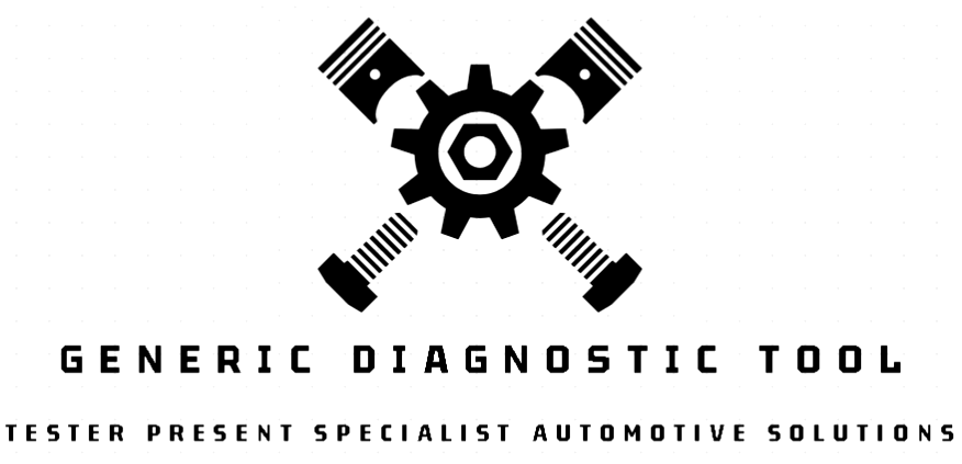 Logo featuring two crossed pistons and a gear with text 'Generic Diagnostic Tool' and 'Tester Present Specialist Automotive Solutions'