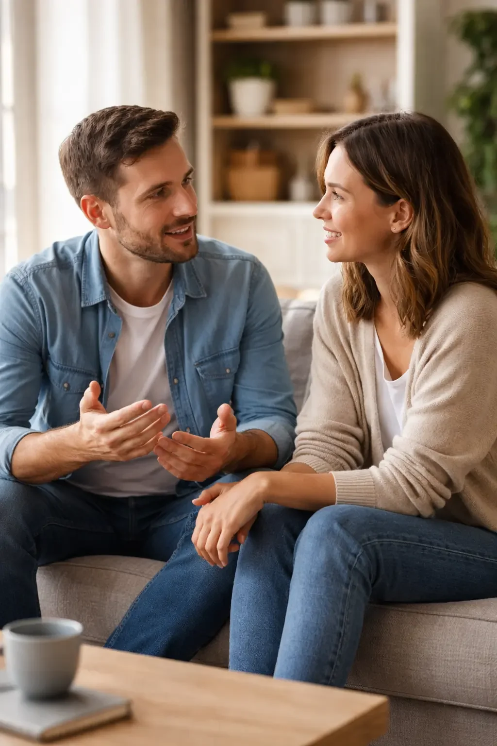 Couple sitting close together on a couch, talking