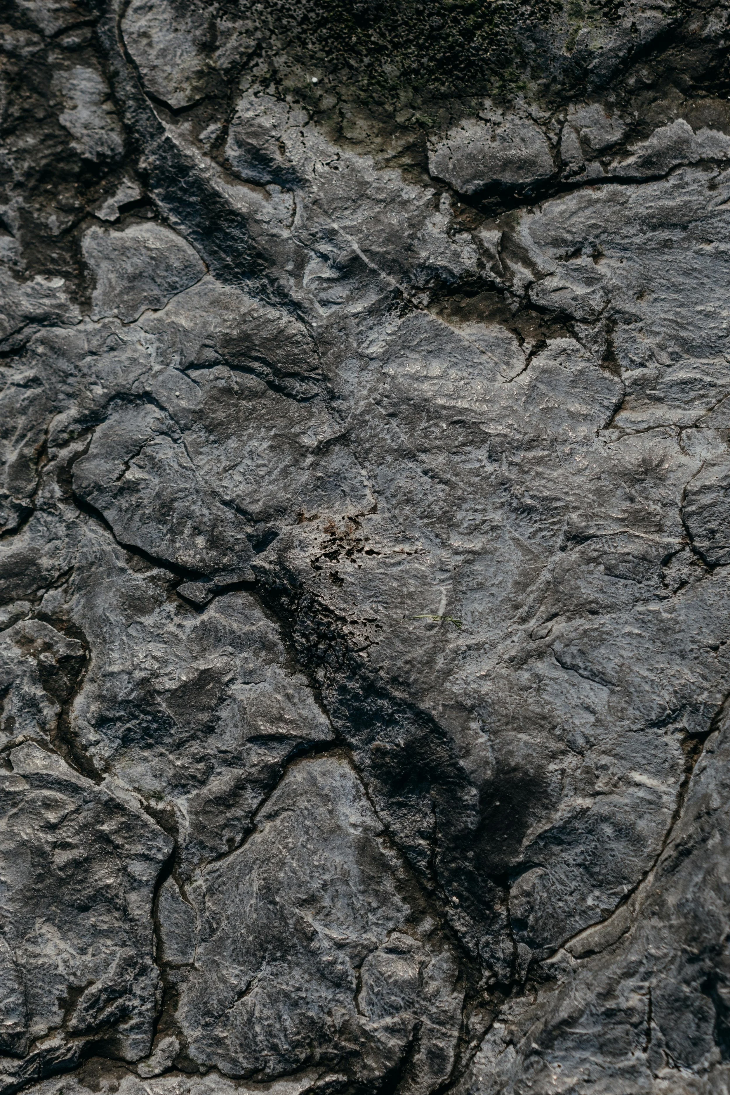 Close-up of a rough, uneven gray rock surface with cracks and crevices.