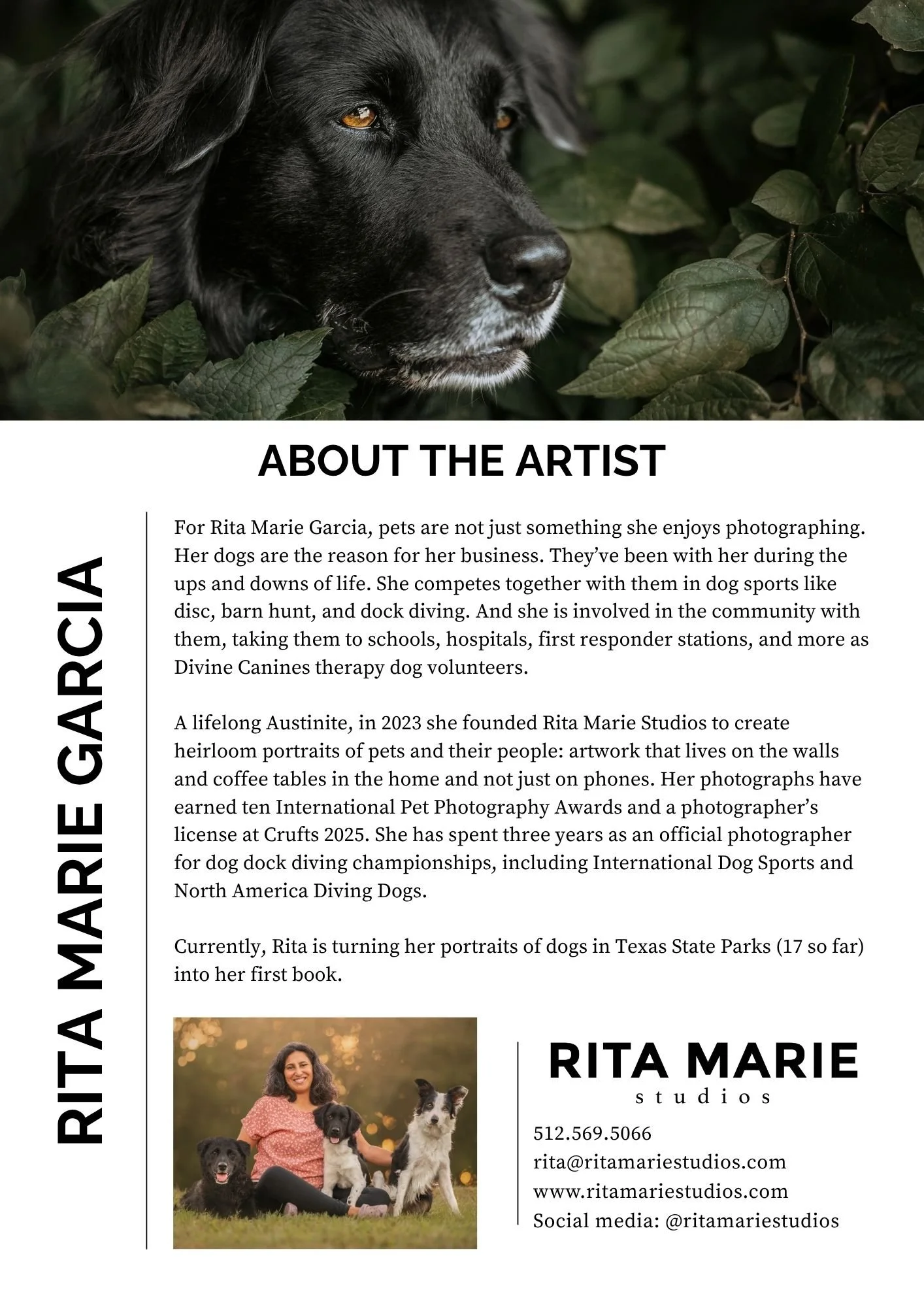 A professional business card featuring a close-up portrait of a black dog with brown eyes, surrounded by green leaves. The card contains information about Rita Marie Garcia, a pet photographer and artist, with her contact details and social media handle.