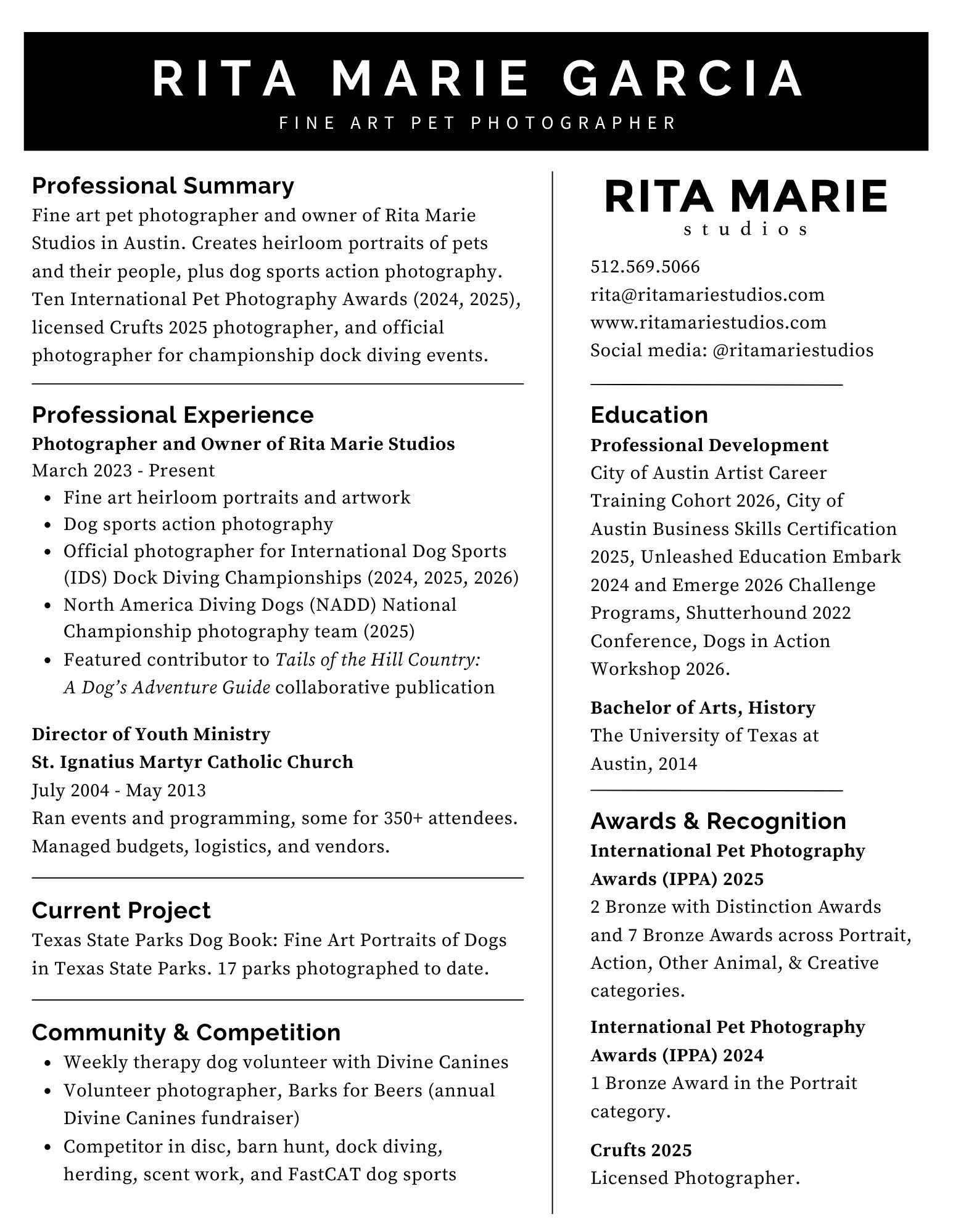 A section of a resume or curriculum vitae for Rita Marie Garcia, a fine art pet photographer. It includes her professional summary, experience, education, awards, and projects, written in black text on a white background with section headings in bold. The document contains contact information and mentions her awards and certifications in pet photography.