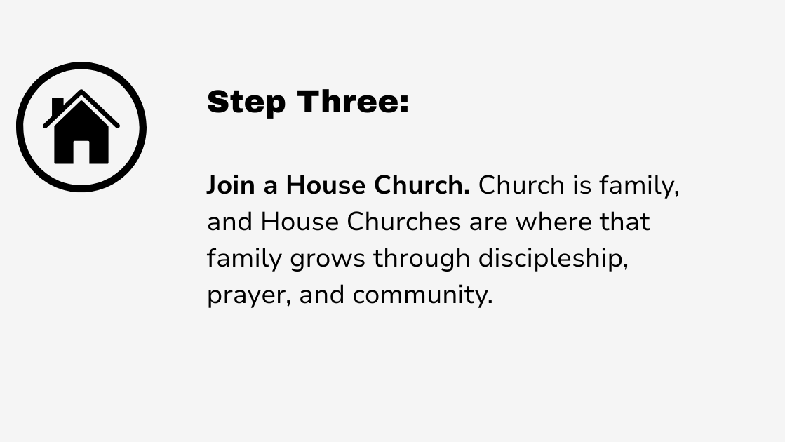 Step three of a guide to joining a house church, with a house icon in a circle on the left and the text explaining that church is where family grows through discipleship, prayer, and community.