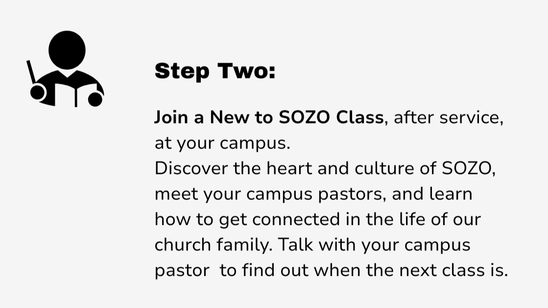 Instruction guiding students to join a new SOZO class after service to learn about the church culture, meet pastors, and connect with the church community.