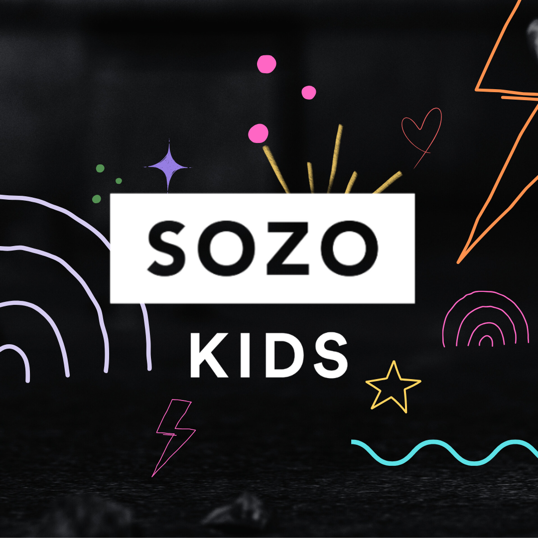 Colorful doodles and the text 'SOZO KIDS' on a black background.