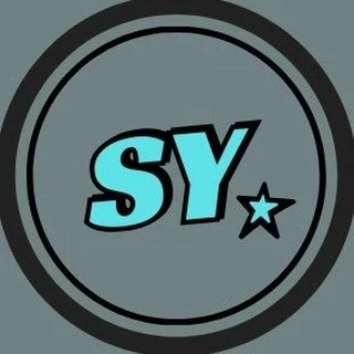 Circular logo with a gray background and black outlines, featuring the letters 'SY' in bold teal with a black shadow, and a small star next to the letters.