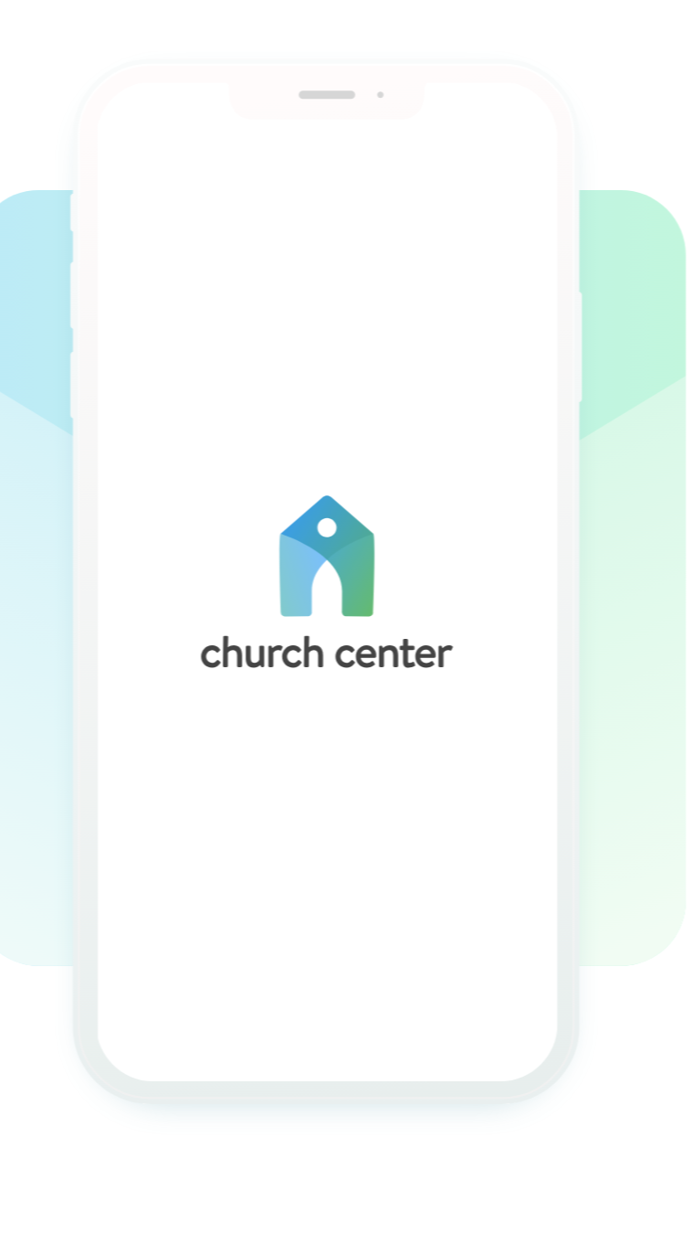 Mobile phone screen displaying a logo resembling a church with a circular window, below which the text reads 'church center' in black font.