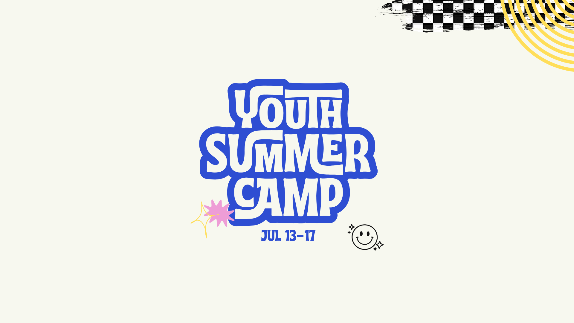 Bright graphic design promoting a youth summer camp scheduled for July 13-17, featuring bold blue text and playful decorative elements.
