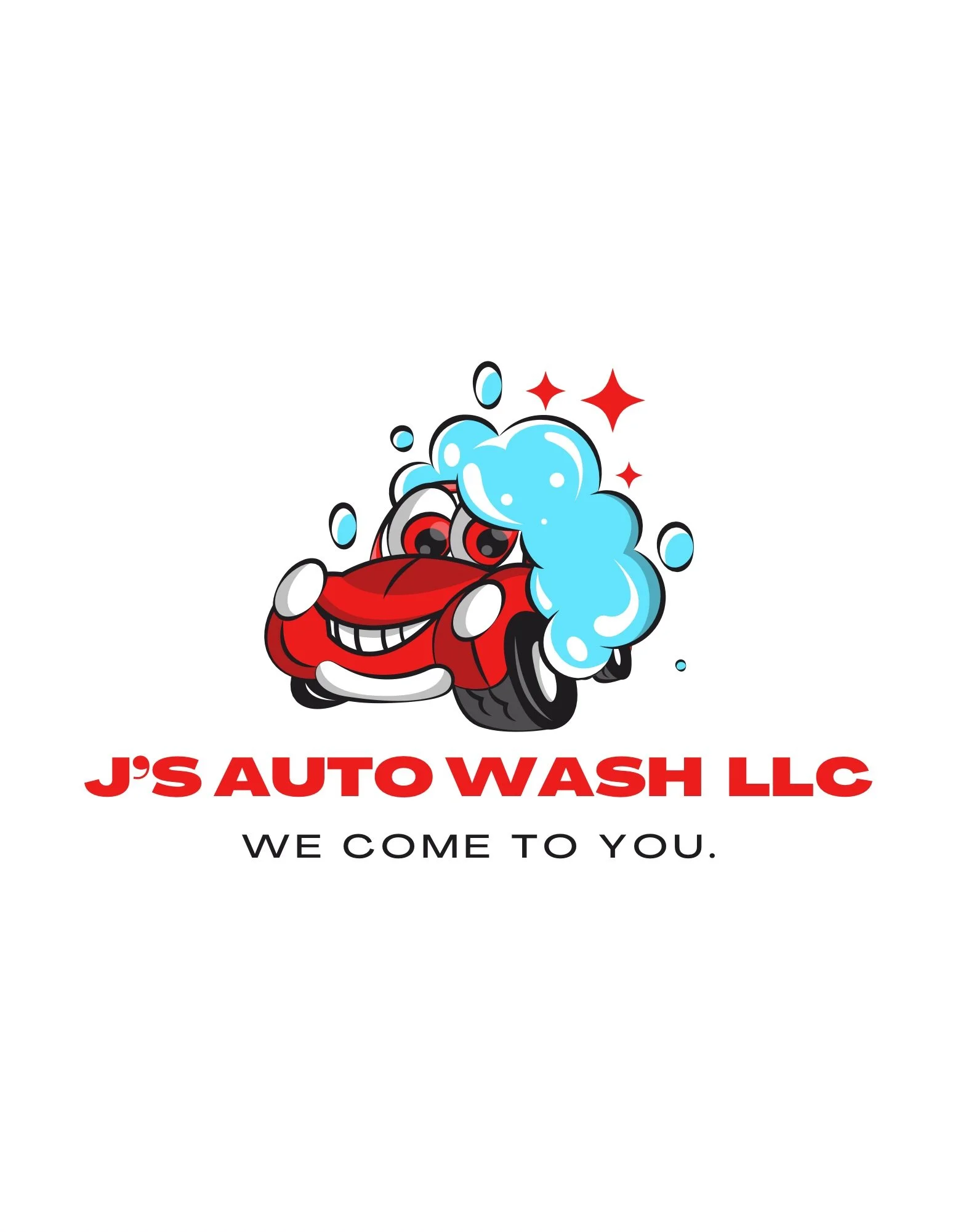 Logo for J's Auto Wash LLC featuring a smiling cartoon red car with big eyes being washed with soap, accompanied by red stars and bubbles, with the tagline 'We Come to You'.