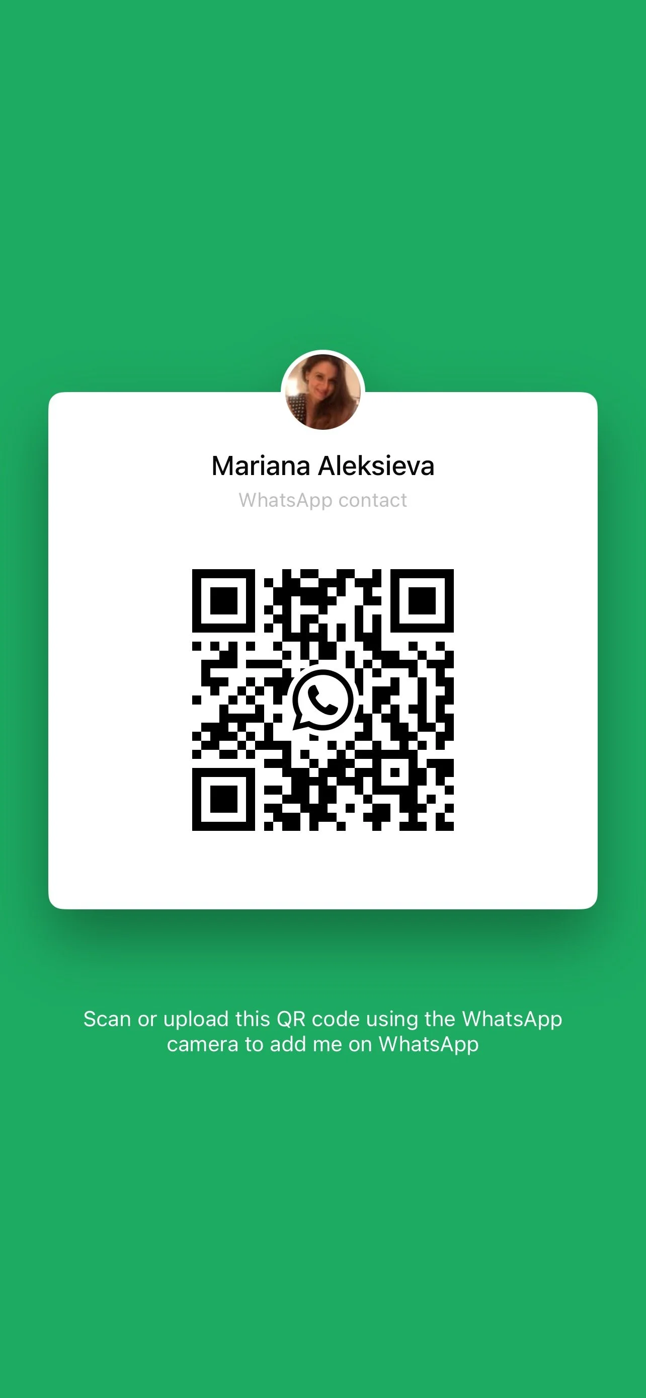 WhatsApp contact card with a QR code, profile photo of Mariana Aleksieva, and instructions to scan or upload the QR code to add her on WhatsApp.