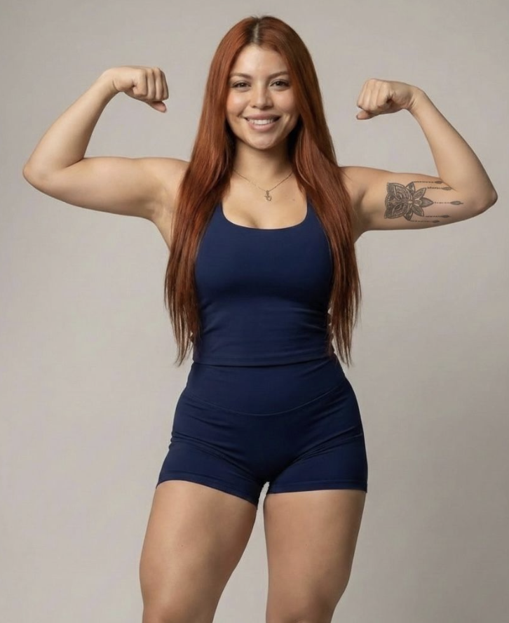 Mujer con cabello largo y rojizo, sonriendo y mostrando sus músculos en brazos flexionados, vestida con un conjunto deportivo azul y una pequeña tatuaje en el brazo.