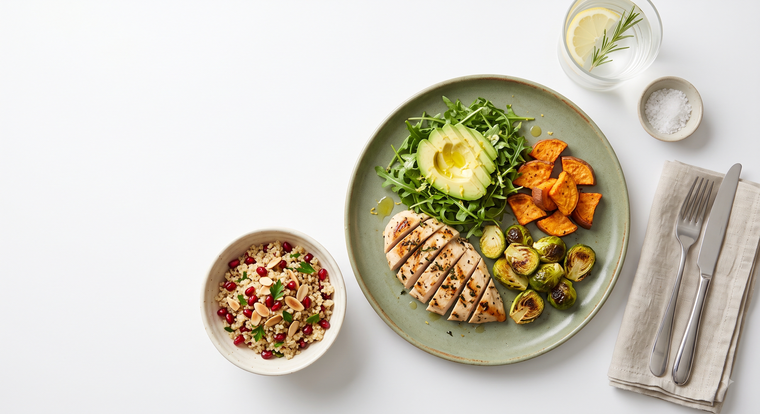 Plato con pollo a la parrilla, aguacate, y verduras frente a una ensalada de cuscús con granadas y almendras, junto a un vaso de agua con limón y romero, y un tazón pequeño de sal.