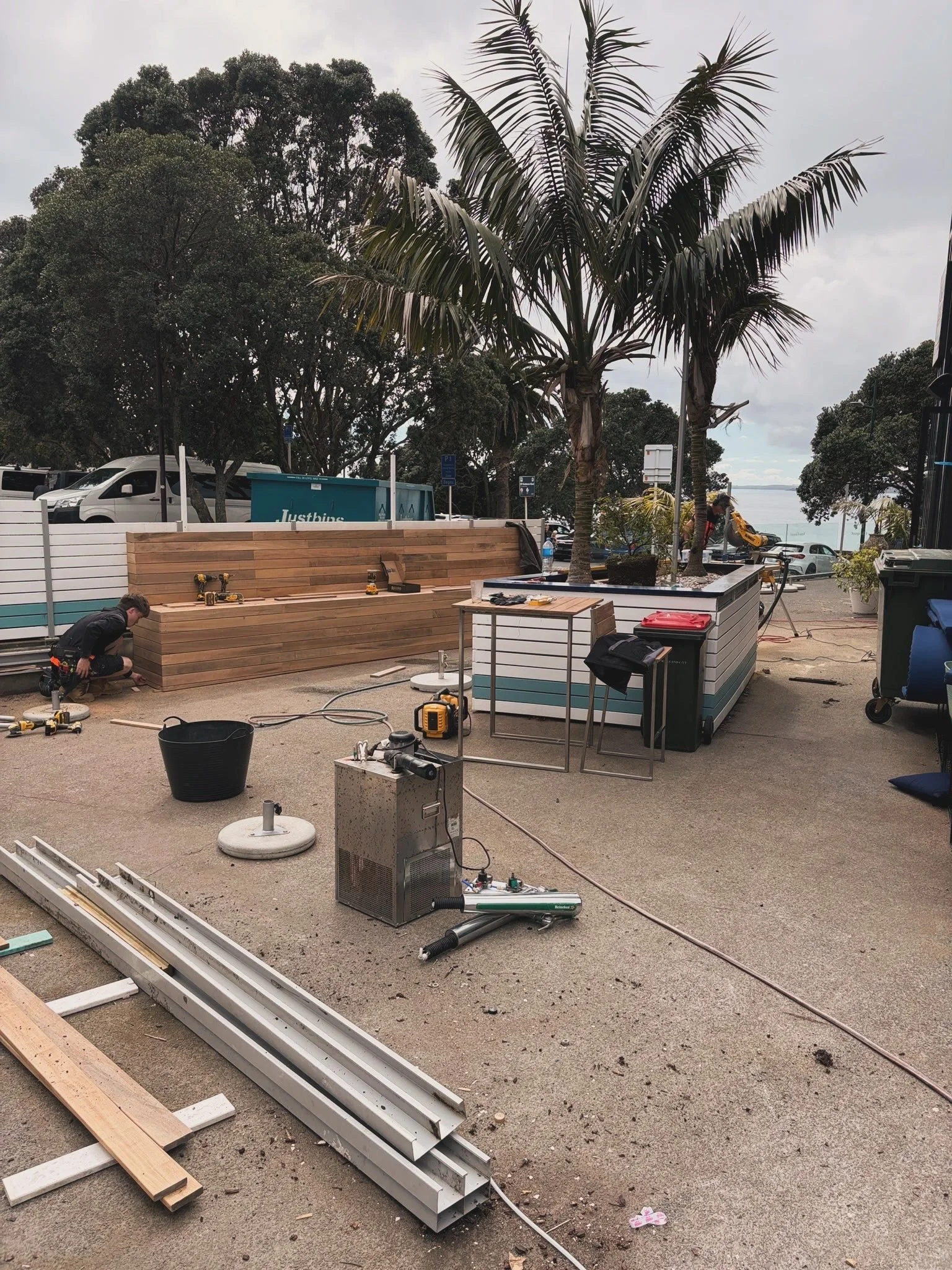 Outdoor seating and bar counter joinery taking shape during the fit-out of Regatta Bar, Takapuna.