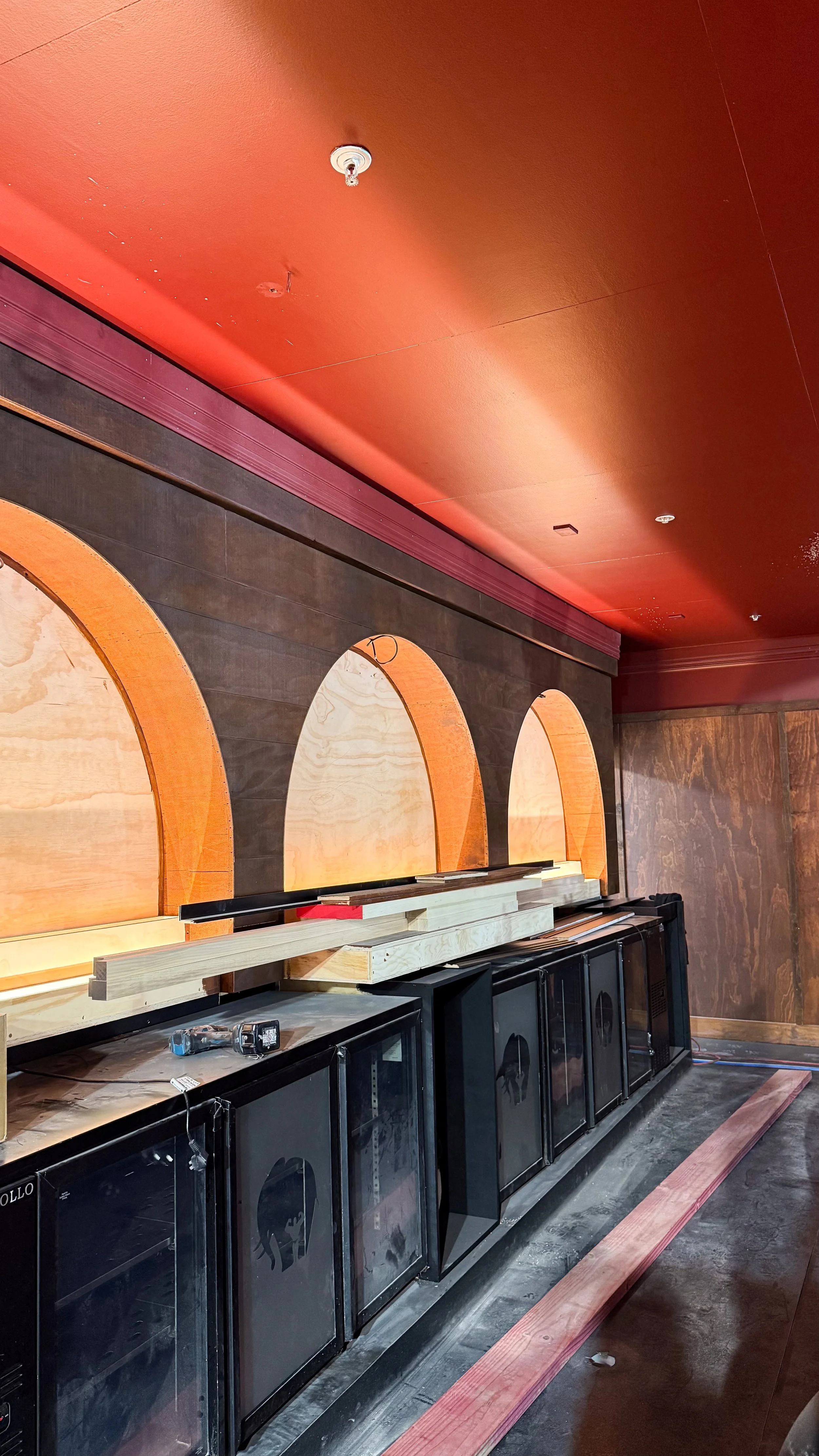 Bar counter and arched joinery taking shape during the fit-out of Goldies Bar, Takapuna.