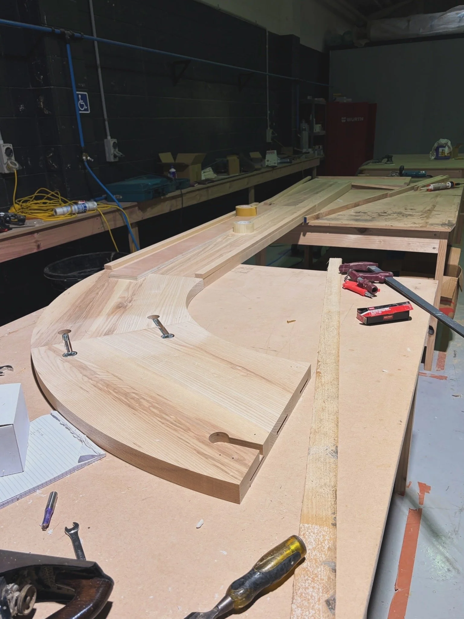 Custom curved joinery component being fabricated at the Form & Finish workshop for Regatta Bar, Takapuna.