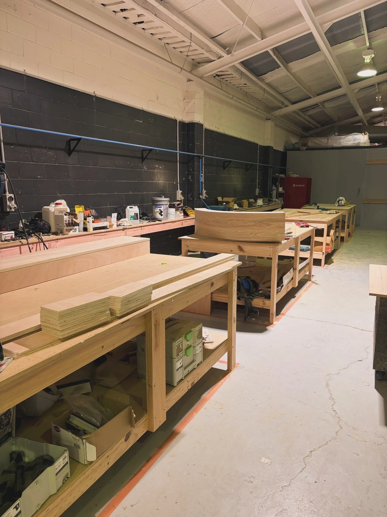 Joinery components being prepared at the Form & Finish workshop for the Regatta Bar fit-out, Takapuna.