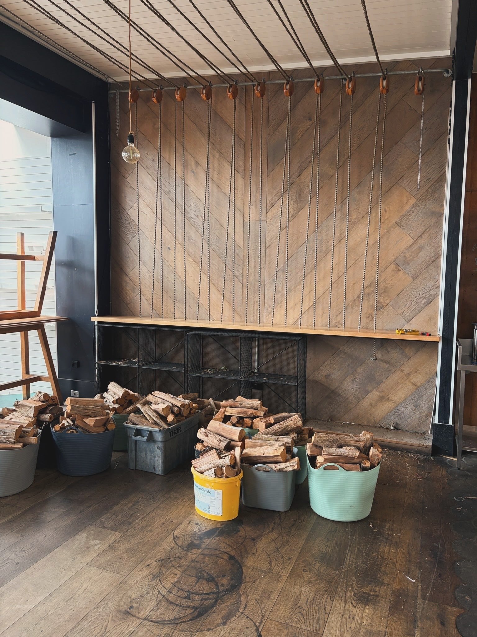 Herringbone timber wall panelling and bar joinery taking shape during the fit-out of Regatta Bar, Takapuna.