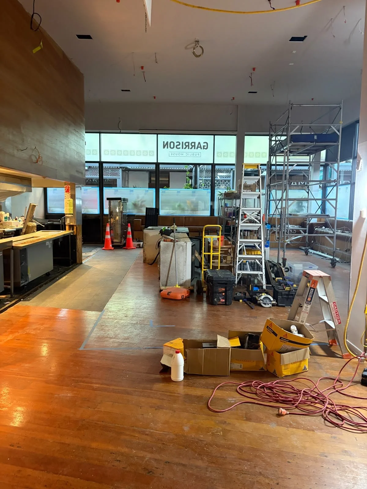 Early stages of the Sports & Rec Bar fit-out, Mount Wellington, with framing and flooring works underway.