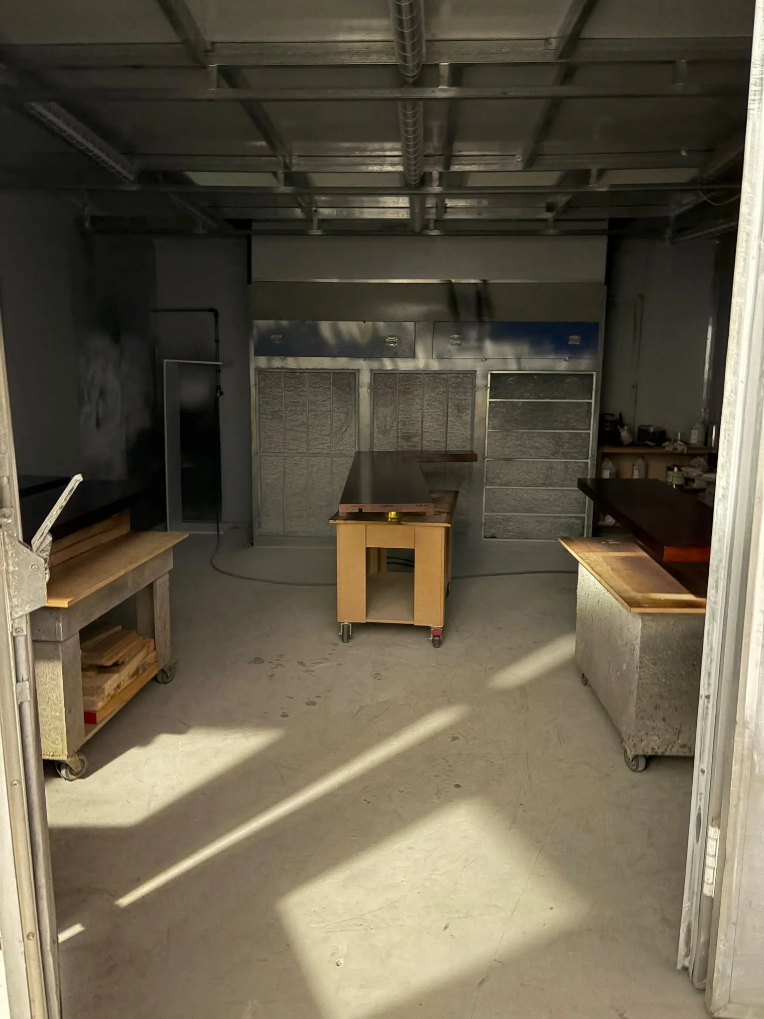 Spray booth at the Form & Finish workshop, used for finishing joinery components for Regatta Bar, Takapuna.