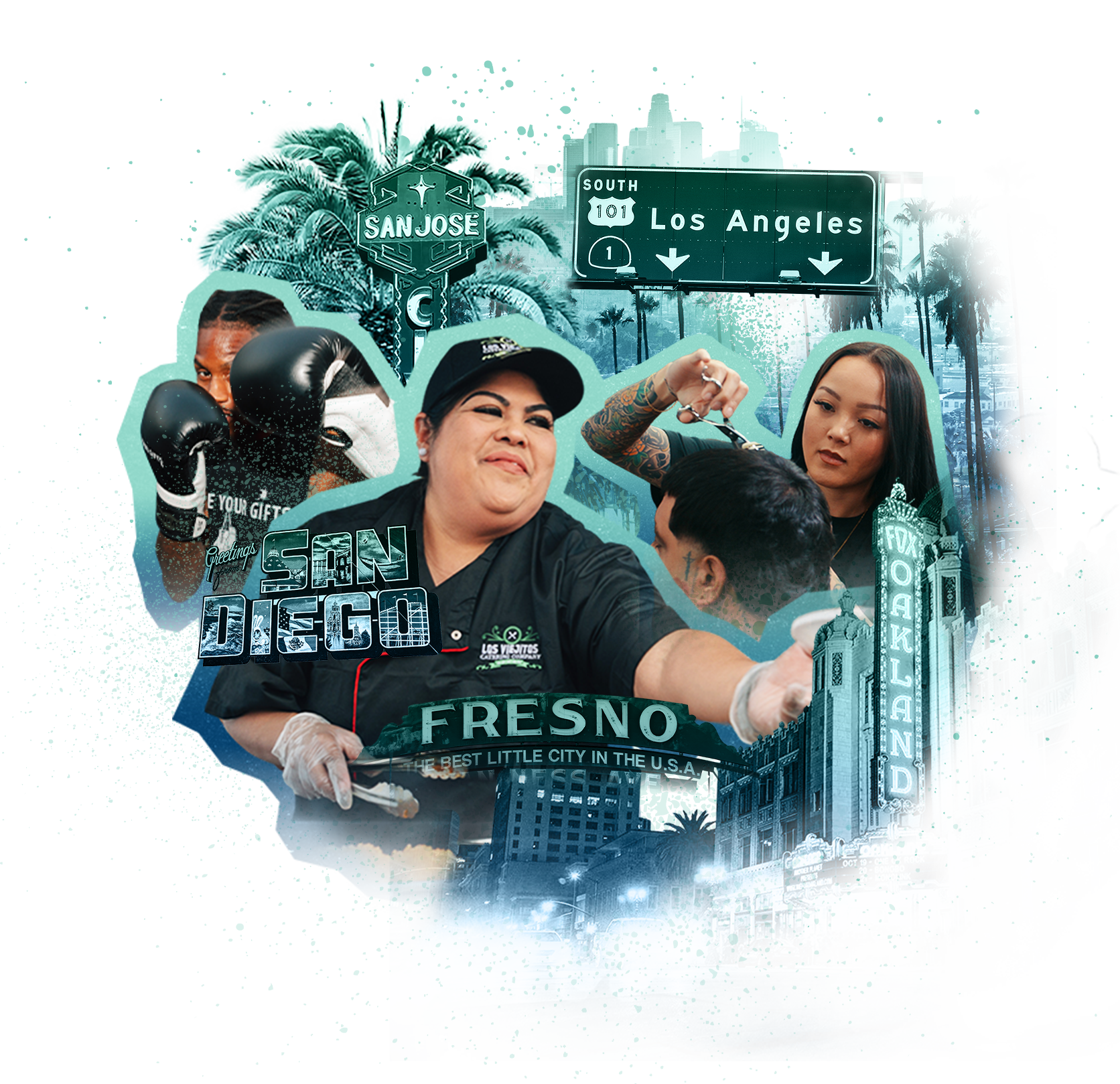 A collage featuring a chef, a boxer, and a barber, overlaid with California city signs and landmarks in a teal-toned, pixelated graphic design style.