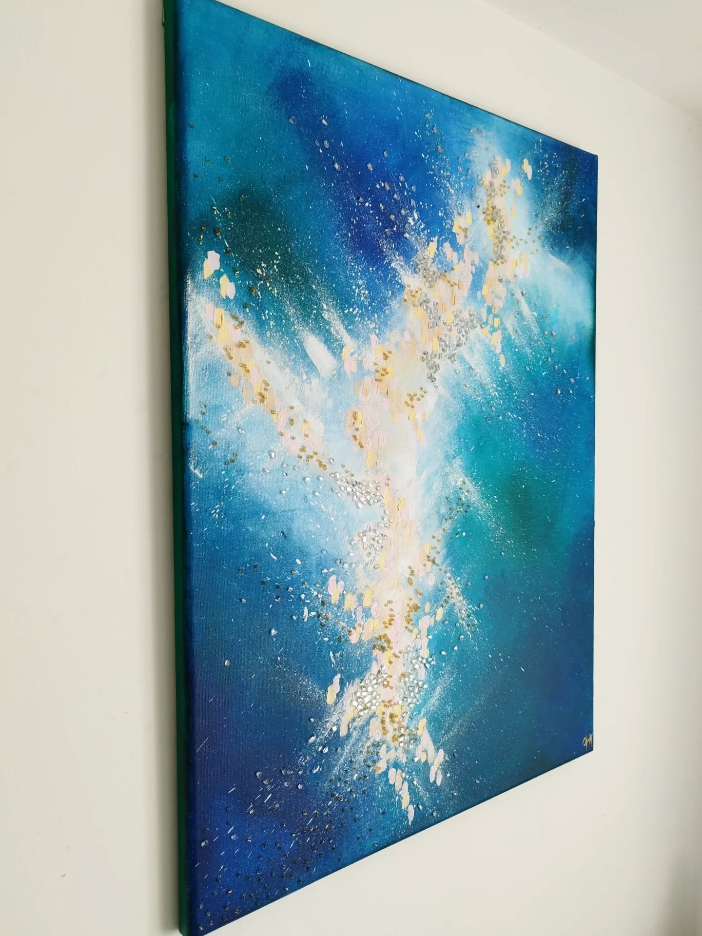 Naiad &bull; 61x45cm &bull; Acrylic on canvas with beads and mirror fragments.

Layers of blue and green form a
shifting ground through which light seems to pass, while softer tones emerge like traces
beneath water. 

Mirror fragments and beads c