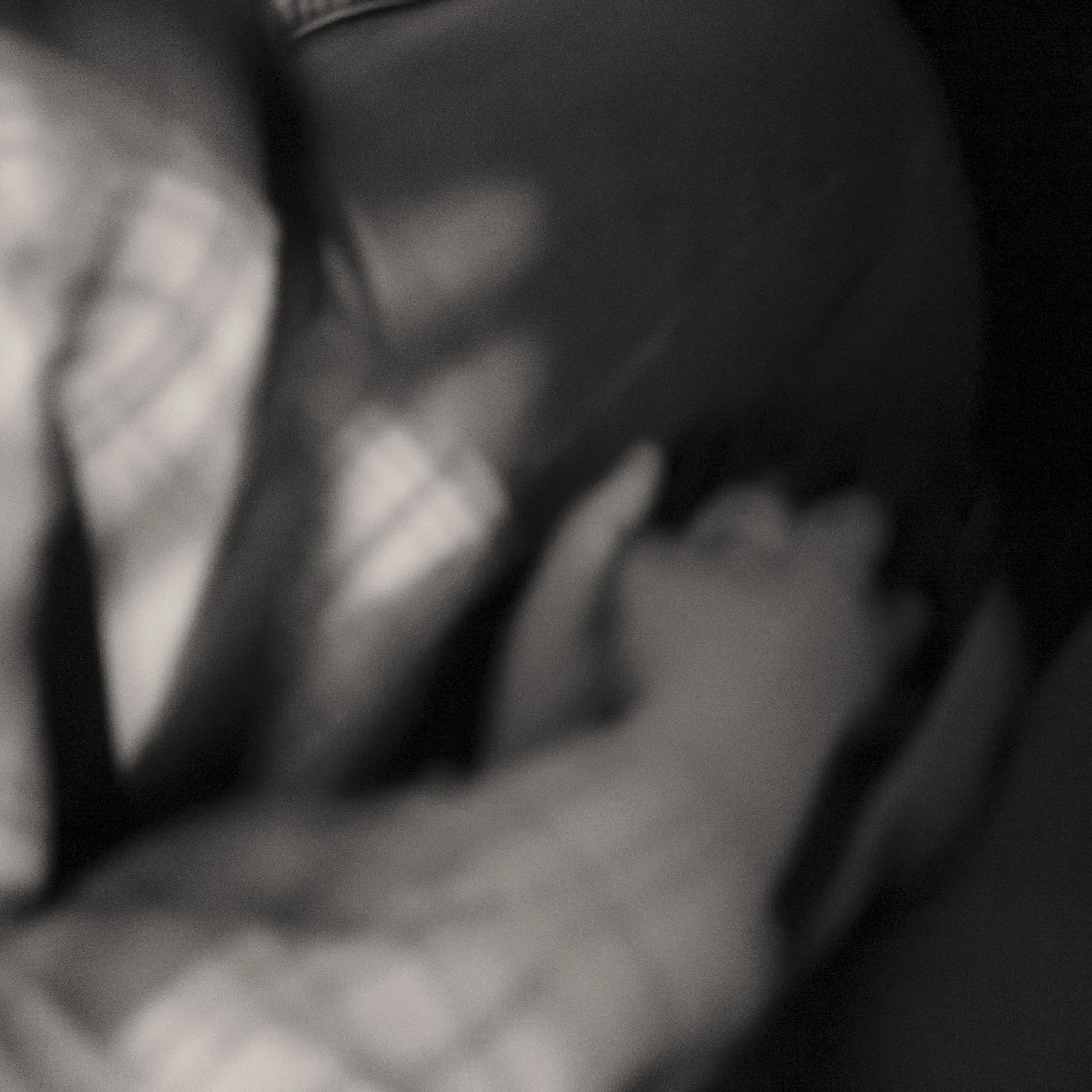 A couple holding hands in a car, in black and white.